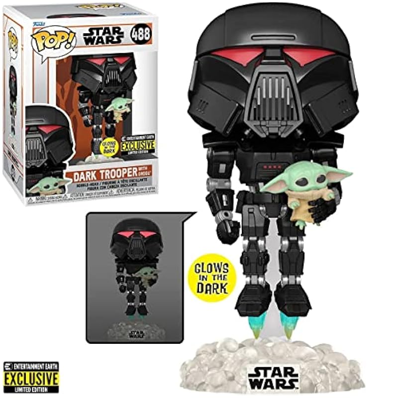 Funko POP Star Wars: The Mandalorian - Dark Trooper Holding Grogu [The Child] Glow-in-The-Dark Exclusive Funko Vinyl Figure (Bundled with Compatible Box Protector Case) Action Figures